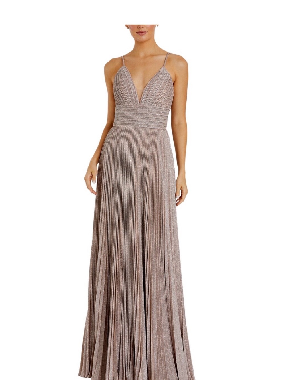 Mac Duggal Metallic Taupe Pleated V-Neck Maxi Dress